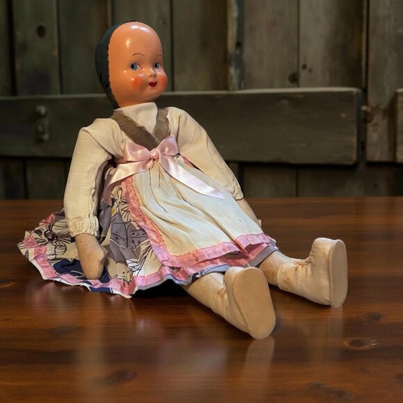 Unbranded Other - Vintage Polish Sawdust  Folk Art Cloth Doll 14” Cloth Composition Mask Face